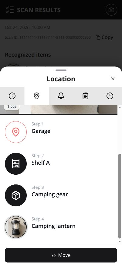 Actual Location drawer showing the camping lantern’s container.