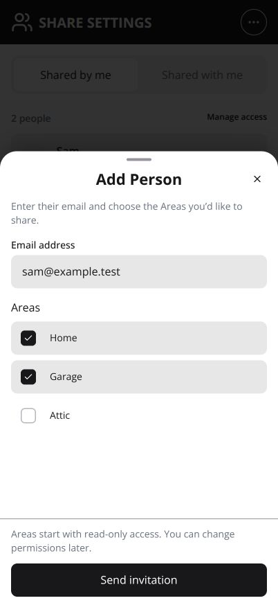 Actual invitation drawer with demo areas selected.
