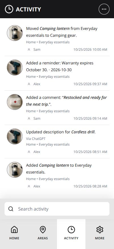 Actual Activity screen with synthetic demo events.